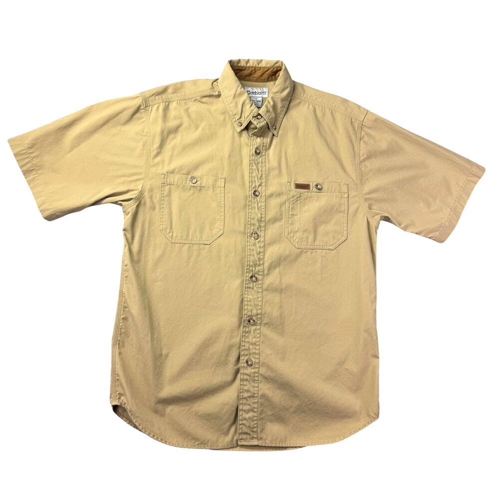 Carhartt Shirt Mens Medium Brown Button Up Workwear Short Sleeve Pockets Cotton